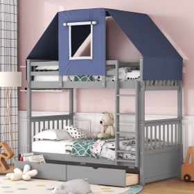 Twin Over Twin Bunk Bed Wood Bed with Tent and Drawers, Gray+Blue Tent