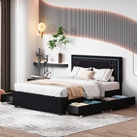Queen Size Upholstered Platform Bed with Rivet-decorated Headboard, LED bed frame and 4 Drawers, Black