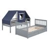 Twin Over Twin Bunk Bed Wood Bed with Tent and Drawers, Gray+Blue Tent