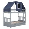 Twin Over Twin Bunk Bed Wood Bed with Tent and Drawers, Gray+Blue Tent