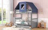 Twin Over Twin Bunk Bed Wood Bed with Tent and Drawers, Gray+Blue Tent