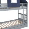 Twin Over Twin Bunk Bed Wood Bed with Tent and Drawers, Gray+Blue Tent