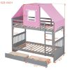 Twin Over Twin Bunk Bed Wood Bed with Tent and Drawers, Gray+Pink Tent