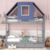 Twin Over Twin Bunk Bed Wood Bed with Tent and Drawers, Gray+Blue Tent