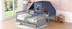 Twin Over Twin Bunk Bed Wood Bed with Tent and Drawers, Gray+Blue Tent