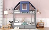 Twin Over Twin Bunk Bed Wood Bed with Tent and Drawers, Gray+Blue Tent
