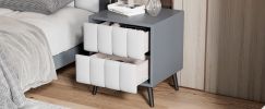 2-Drawer Nightstand for Bedroom, Mordern Wood+Linen Bedside Table with Classic Design,Gray+White