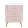 Upholstered Wooden Nightstand with 3 Drawers and Metal Legs&Handles,Fully Assembled Except Legs&Handles,Bedside Table with Marbling Worktop - Pink