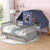 Twin Over Twin Bunk Bed Wood Bed with Tent and Drawers, Gray+Blue Tent