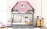 Twin Over Twin Bunk Bed Wood Bed with Tent and Drawers, Gray+Pink Tent