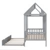 Twin Size Wood House Bed With Twin Size Trundle, Wooden Daybed, Gray