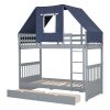 Twin Over Twin Bunk Bed Wood Bed with Tent and Drawers, Gray+Blue Tent