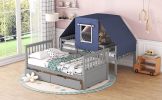 Twin Over Twin Bunk Bed Wood Bed with Tent and Drawers, Gray+Blue Tent